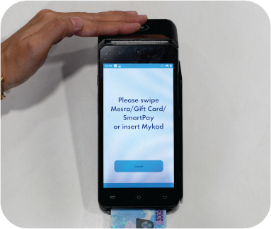 Step 1: phone reader screen prompting to swipe MyKad or card