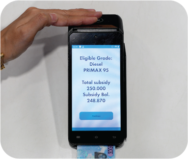 Step 2: phone reader screen showing confirmed eligibility and subsidy balance