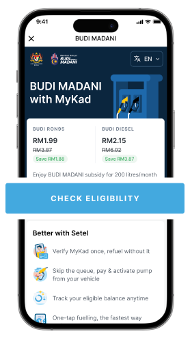 Check eligibility screen with BUDI MADANI subsidised pricing and Check Eligibility button