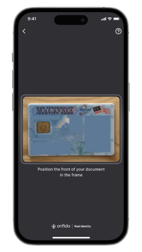 MyKad verification screen showing identity card scan frame