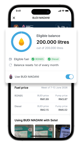 Eligible balance screen showing litres remaining and fuel price table