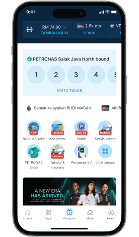 Setel app home screen showing one-tap fuelling and Petronas station details