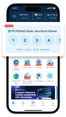 Setel app home screen showing one-tap fuelling and Petronas station details
