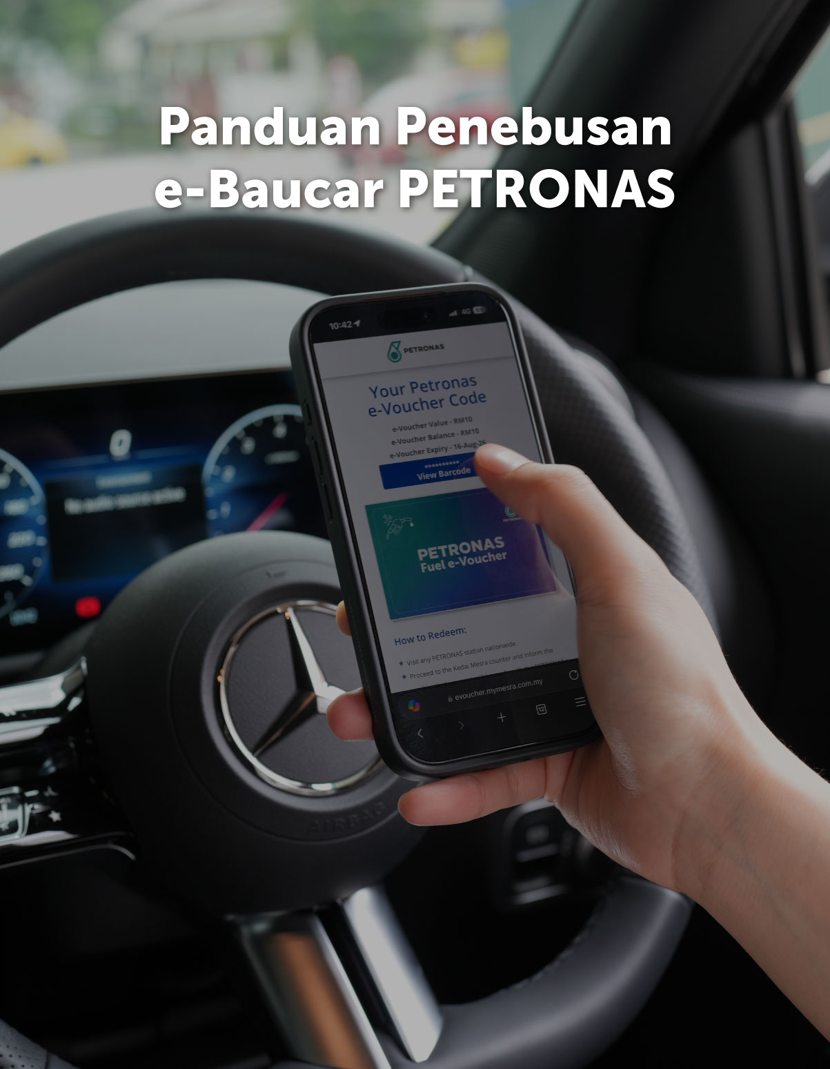 Driver holding a phone showing a PETRONAS e-Voucher barcode screen